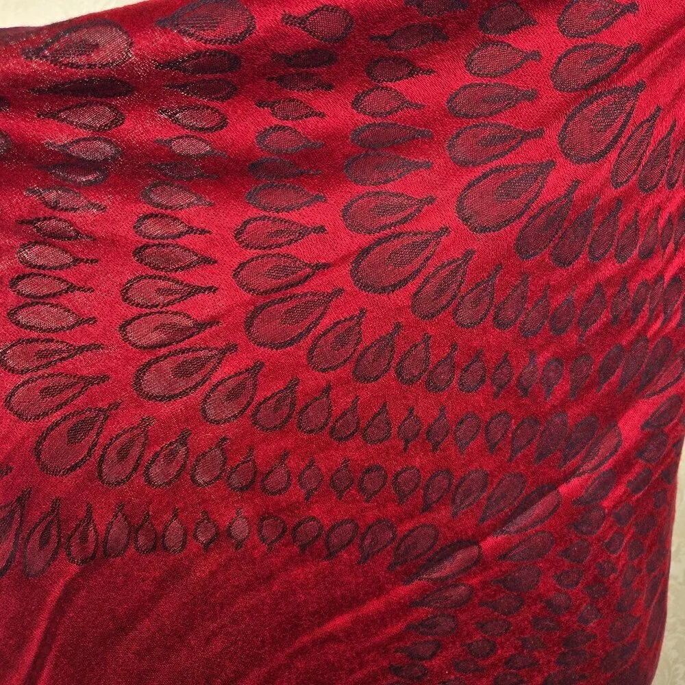 Red and Black Patterned Pashmina Real Fur PomPom Accents at Ends Cozy Warm